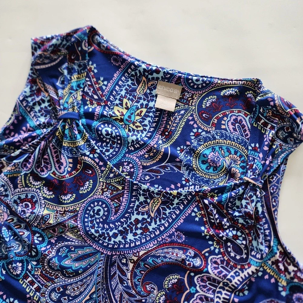 Chico's‎ multi color blue paisley sundress summer dress womens size  2 (12-14)